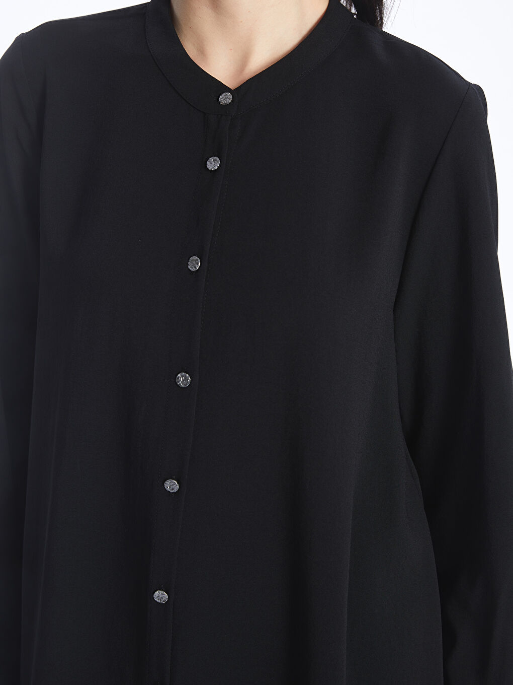 Siyah Bisiklet Yaka Düz Uzun Kollu Kadın Elbise-3