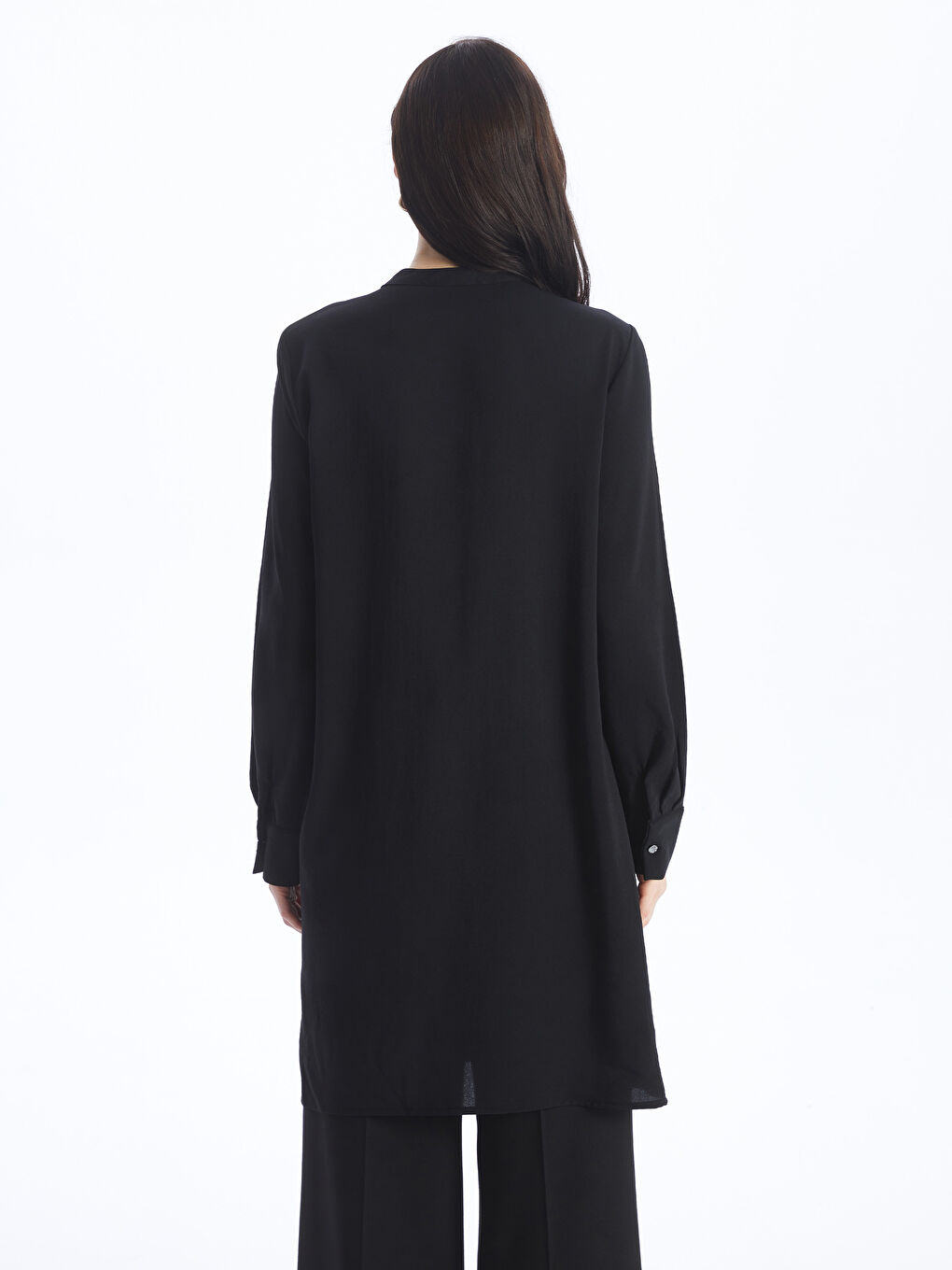 Siyah Bisiklet Yaka Düz Uzun Kollu Kadın Elbise-4