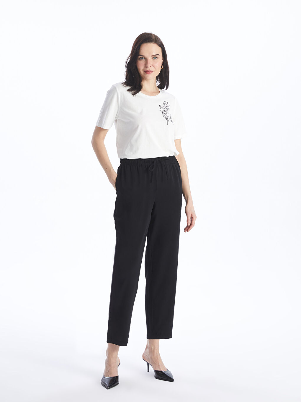 Siyah Kadın Beli Lastikli Düz Pantolon