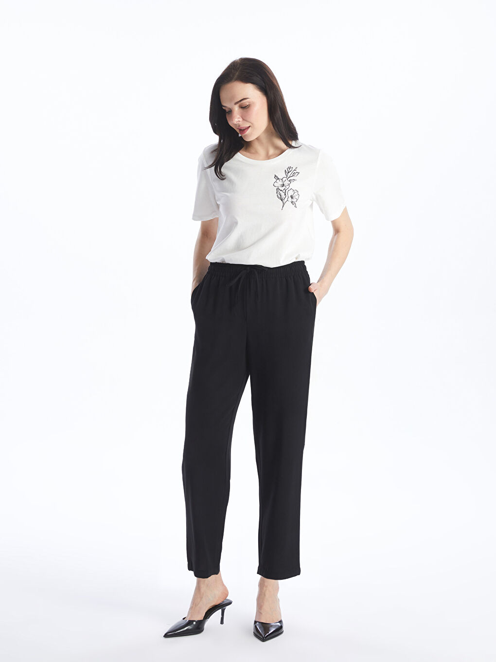 Siyah Kadın Beli Lastikli Düz Pantolon-1