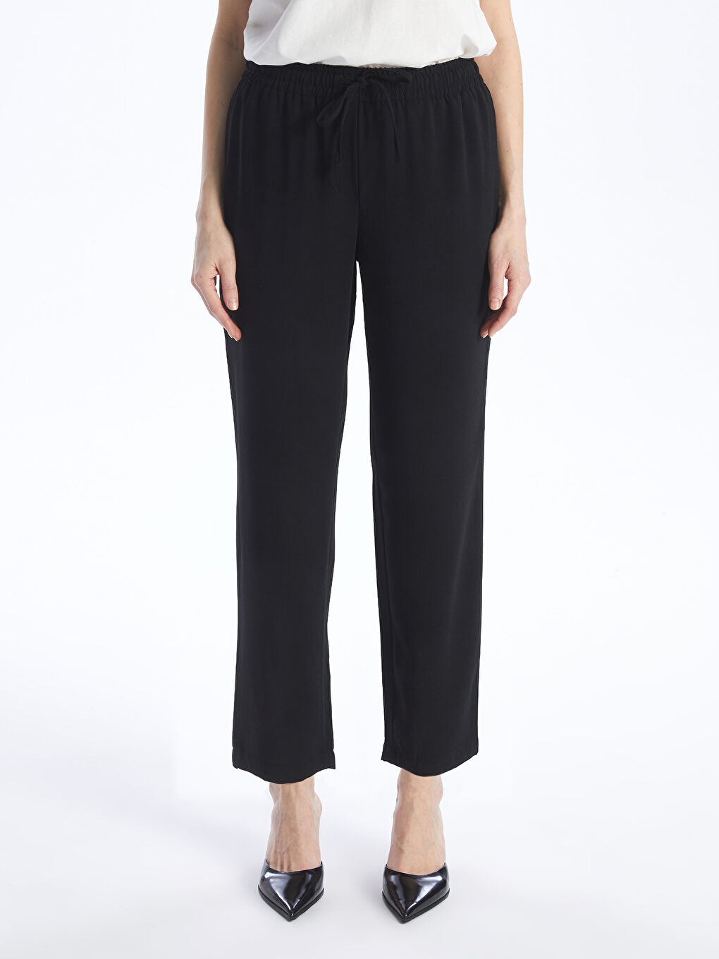Siyah Kadın Beli Lastikli Düz Pantolon-3