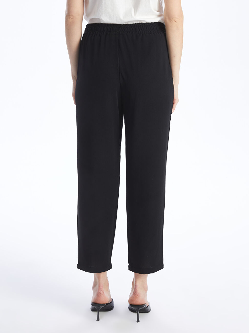 Siyah Kadın Beli Lastikli Düz Pantolon-4