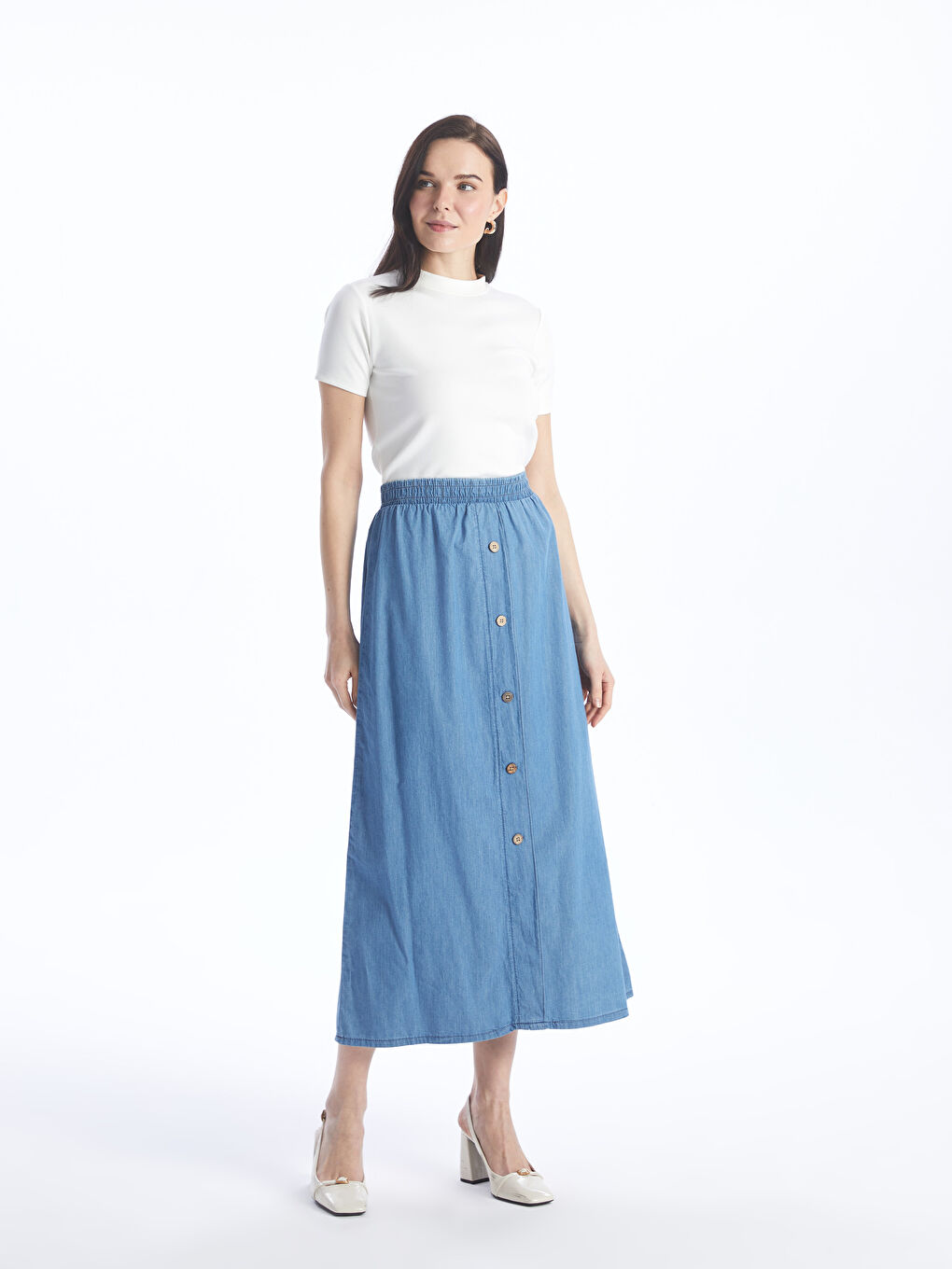 Mavi Kadın Beli Lastikli Düz Jean Etek