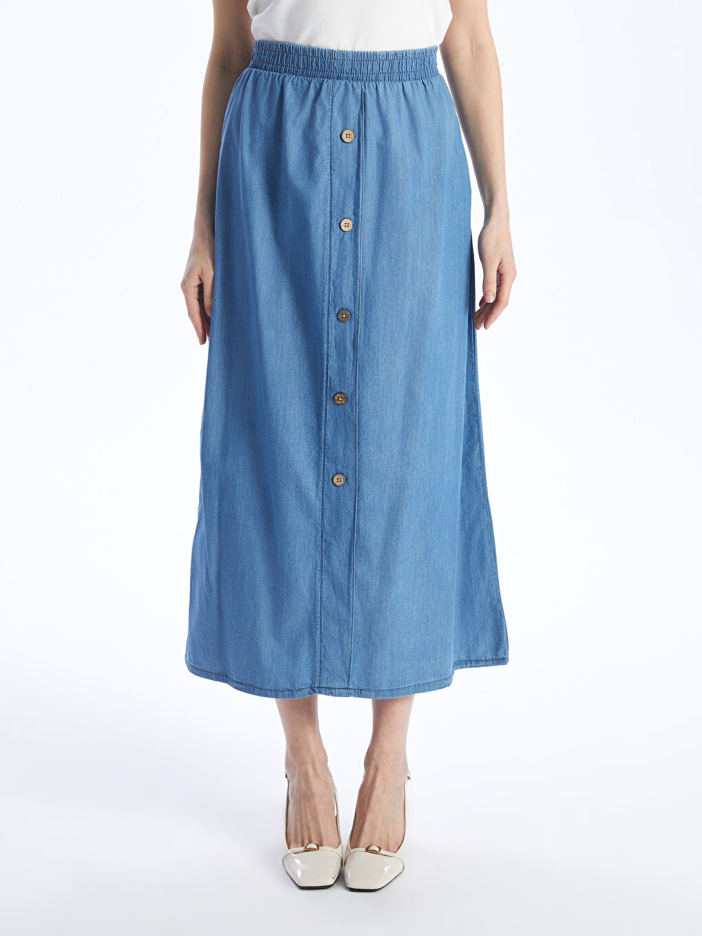 Mavi Kadın Beli Lastikli Düz Jean Etek-3