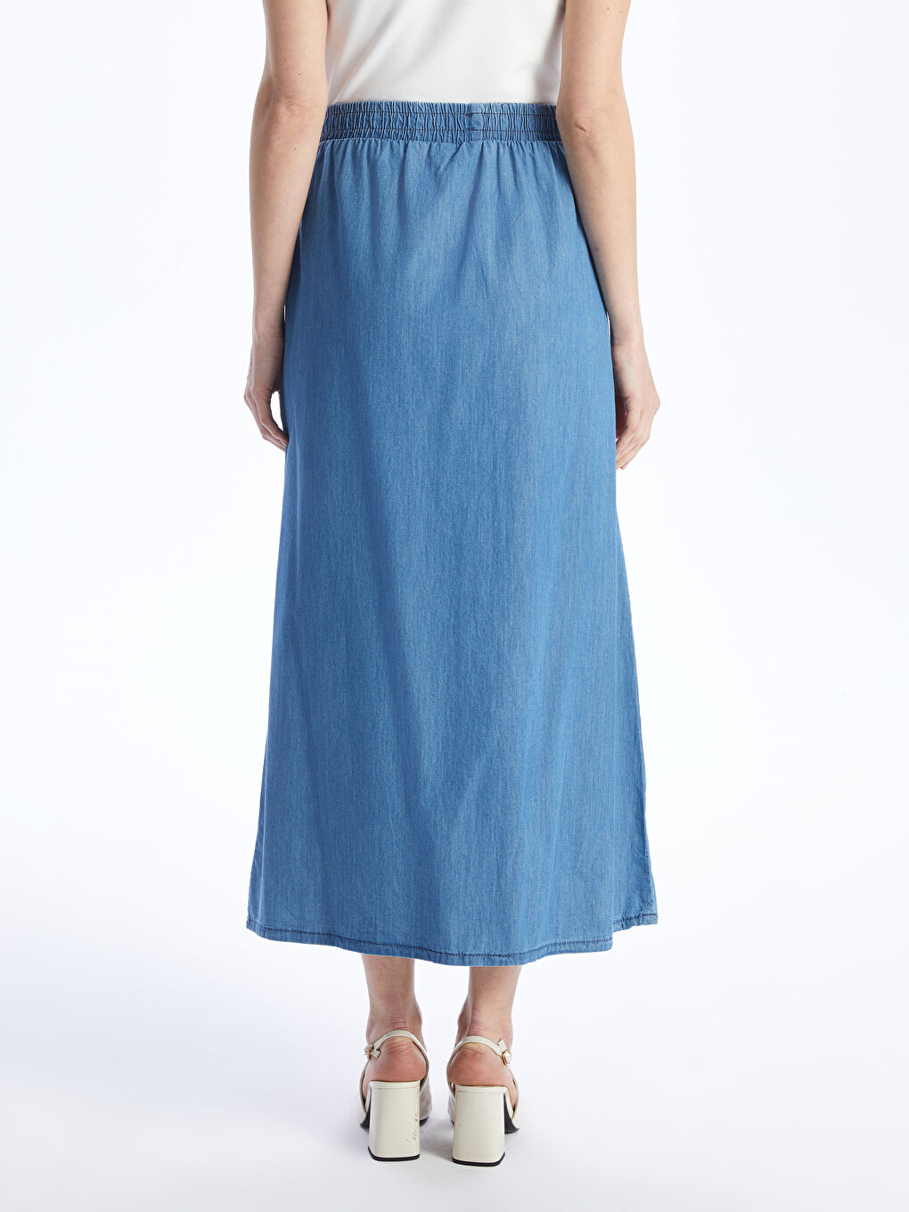 Mavi Kadın Beli Lastikli Düz Jean Etek-4