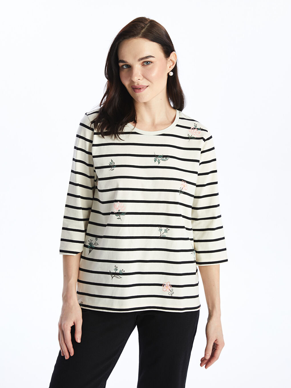 Crew Neck Striped Women's T-Shirt -S4GF39Z8-LEG