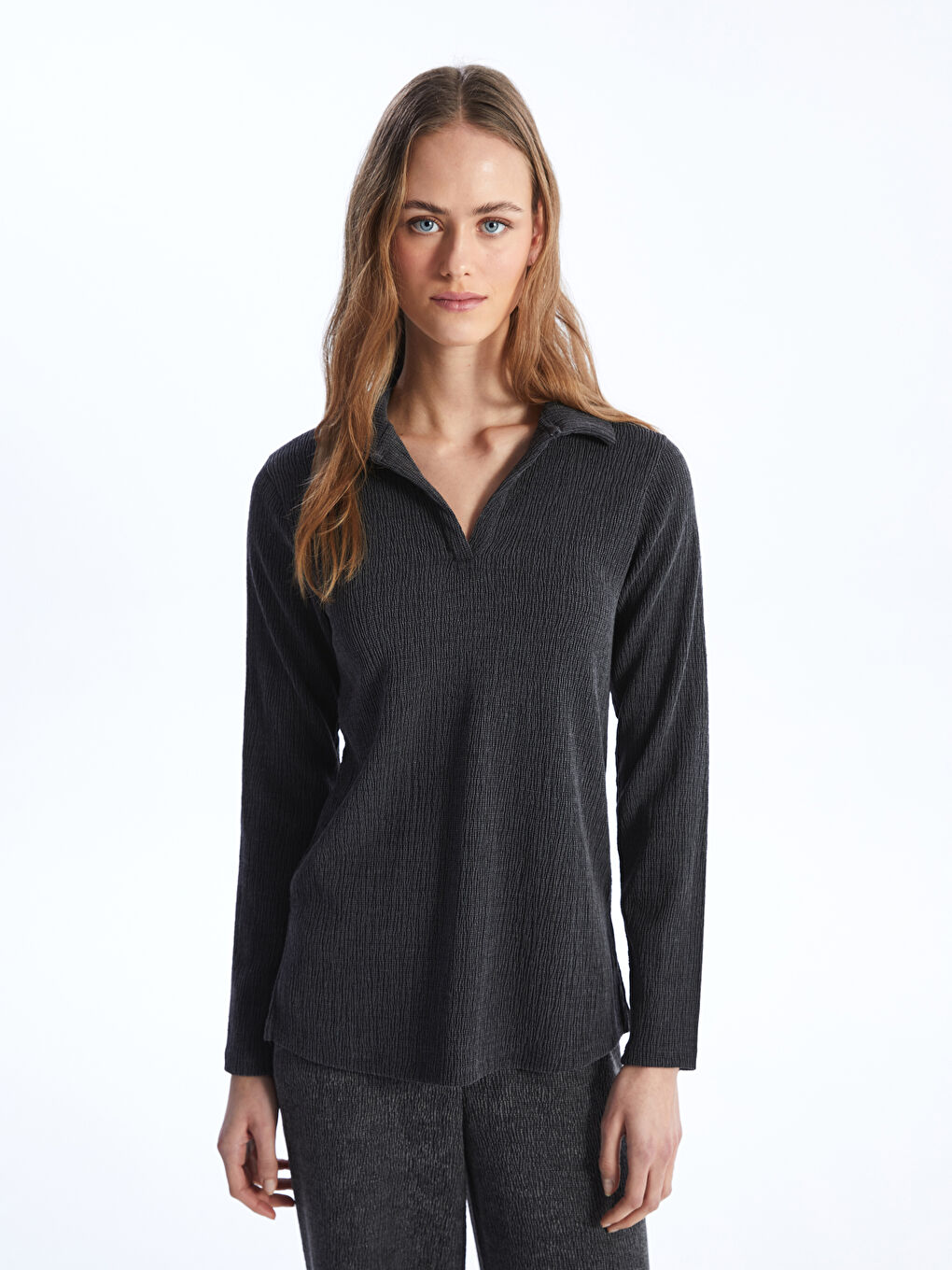 Polo Neck Regular Long Sleeve Women's T-shirt -S4GG01Z8-CVL