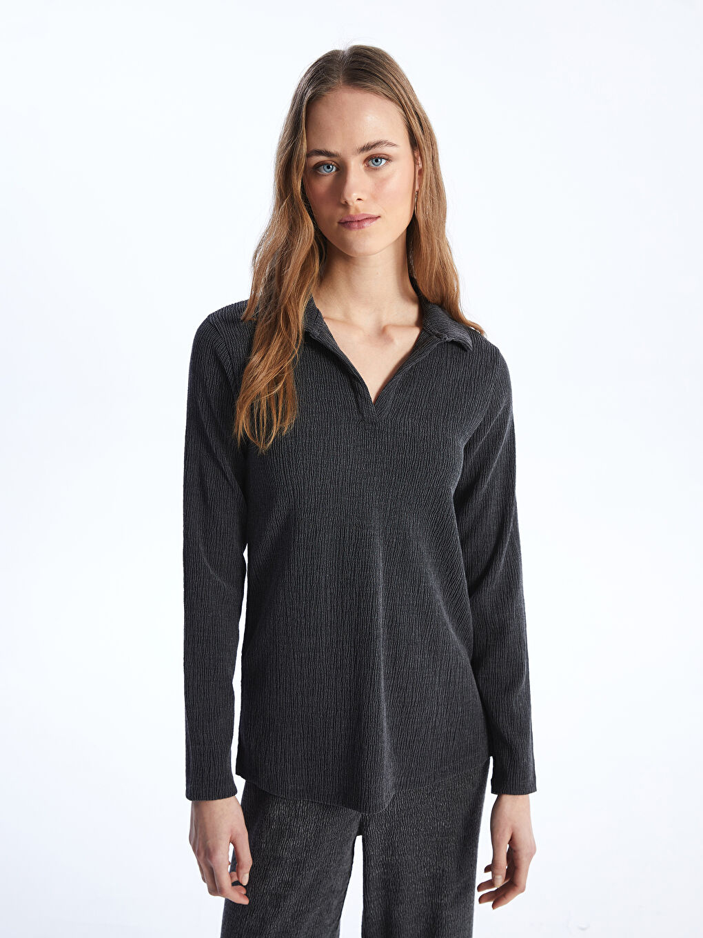 Polo Neck Regular Long Sleeve Women's T-shirt -S4GG01Z8-CVL