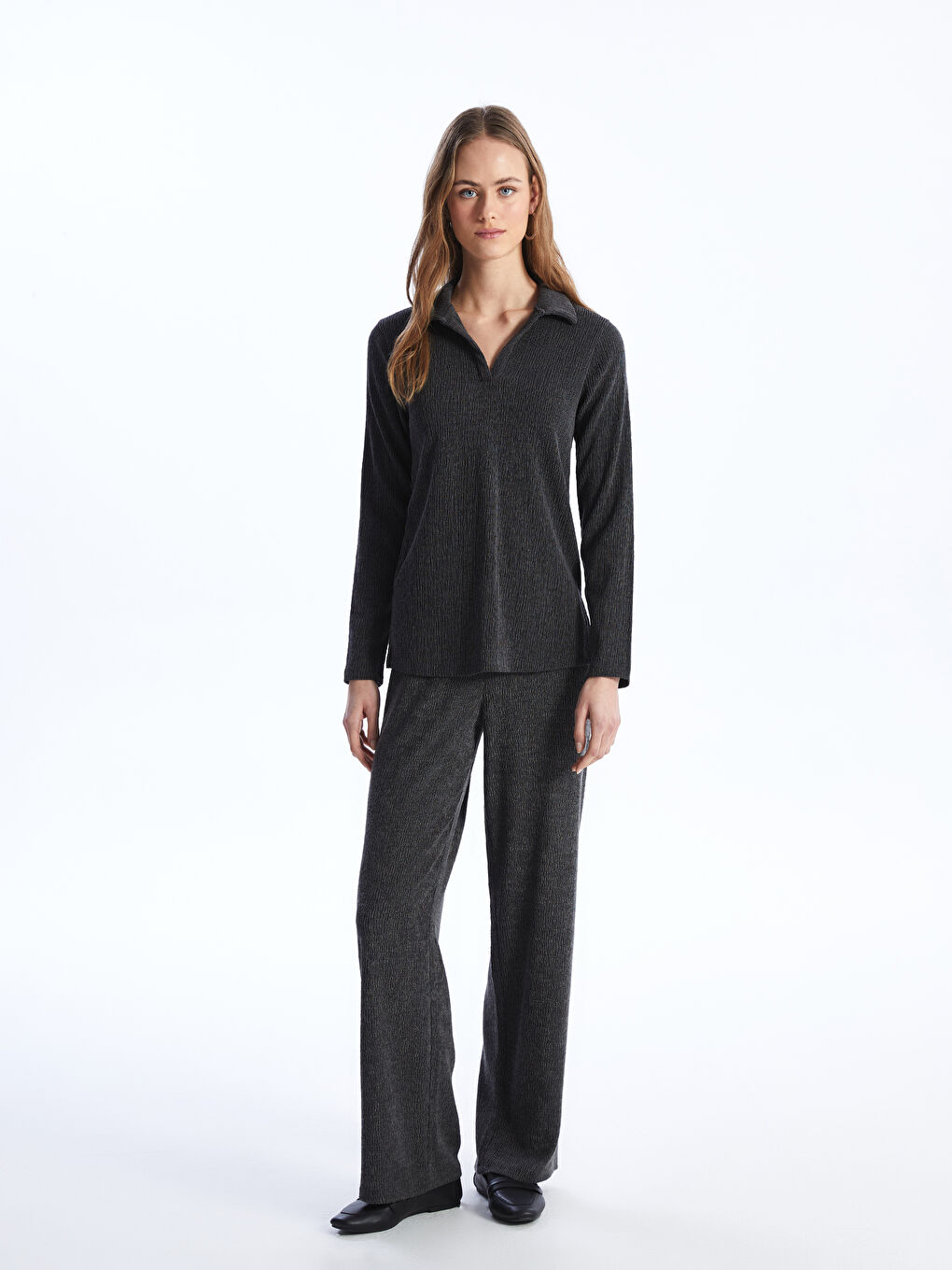 Polo Neck Regular Long Sleeve Women's T-shirt -S4GG01Z8-CVL
