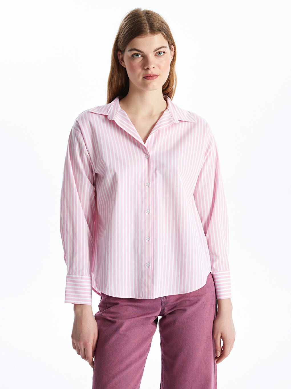 LCW Vision Pembe Çizgili Oversize Poplin Kadın Gömlek