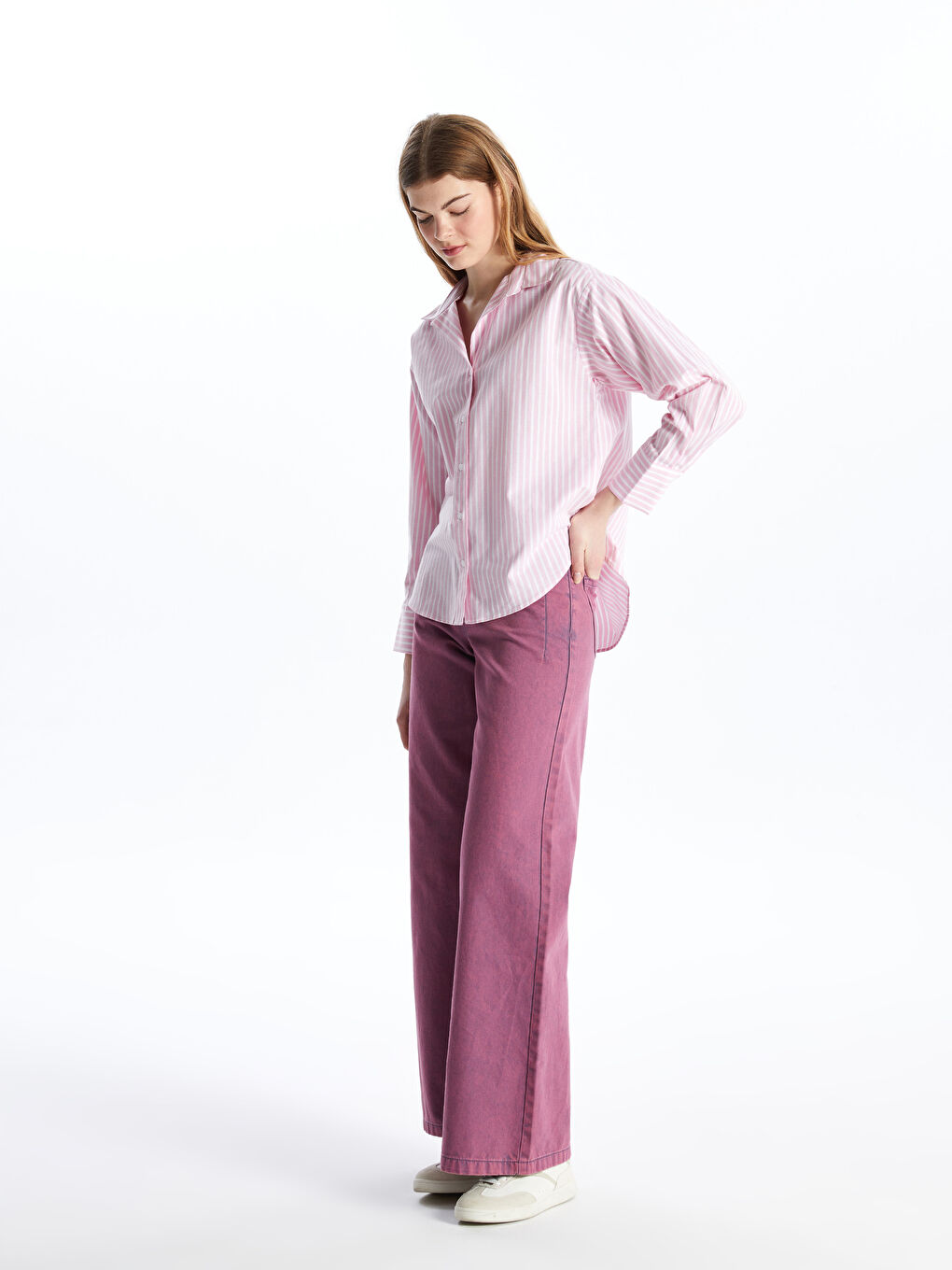 LCW Vision Pembe Çizgili Oversize Poplin Kadın Gömlek - 1