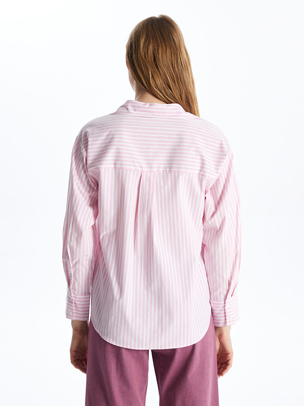 LCW Vision Pembe Çizgili Oversize Poplin Kadın Gömlek - 4