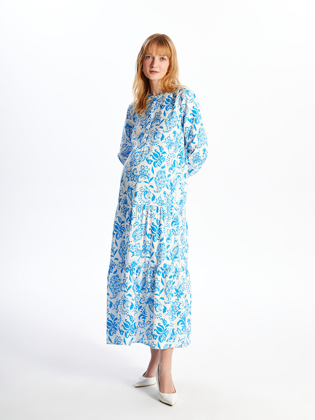 Robe de maternité à manches longues florale à col Mao