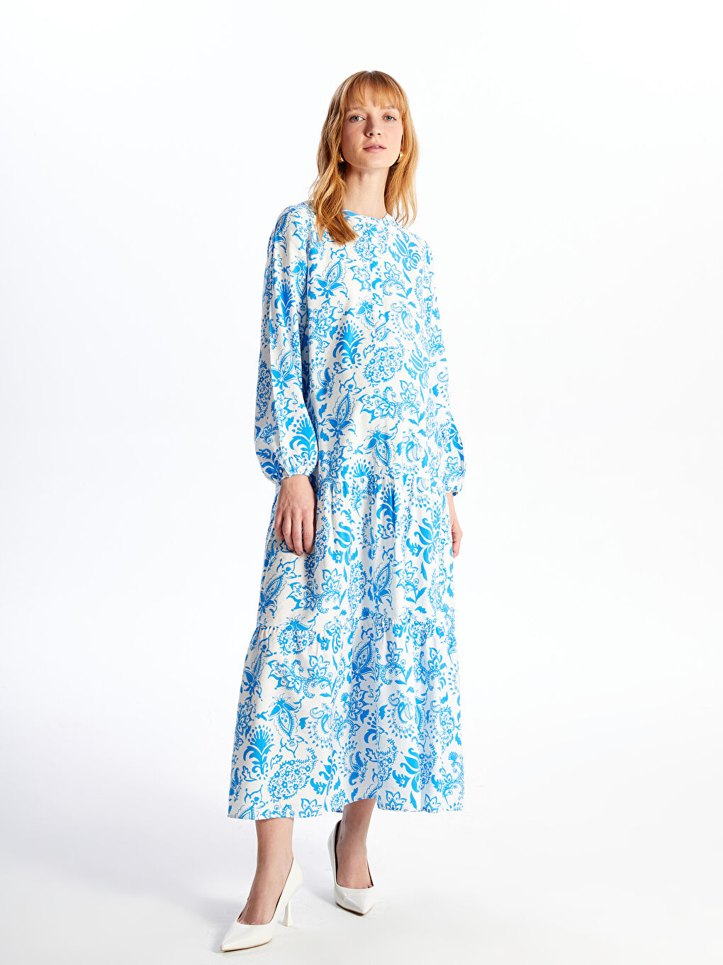 Robe de maternité à manches longues florale à col Mao-1