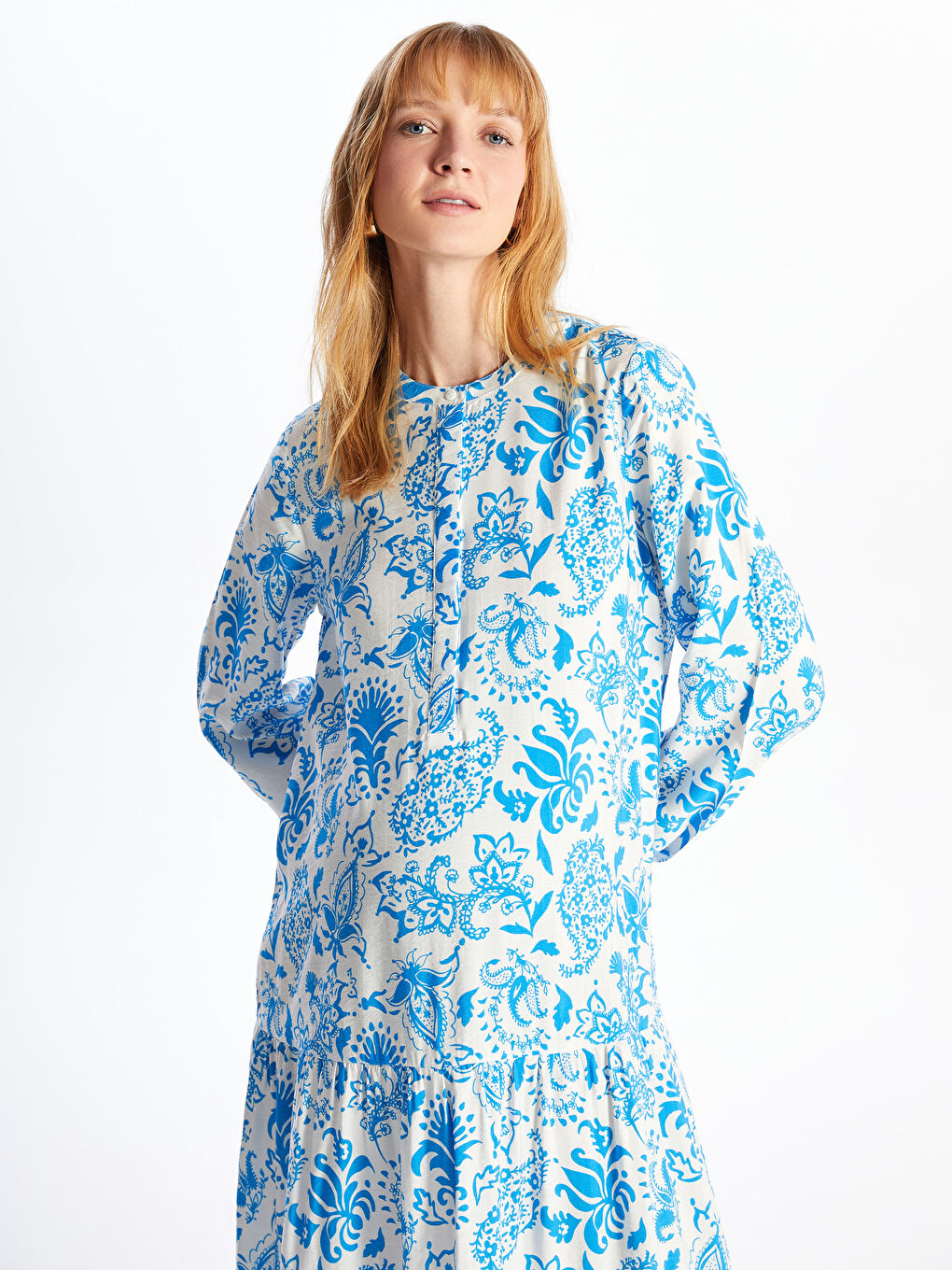 Robe de maternité à manches longues florale à col Mao-2