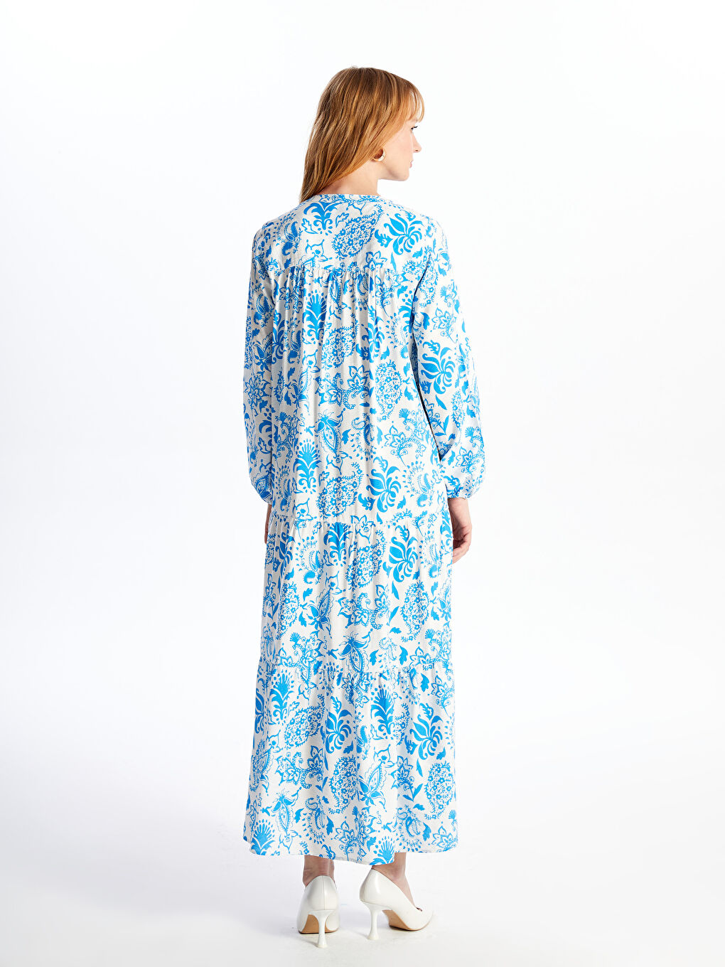Robe de maternité à manches longues florale à col Mao-4
