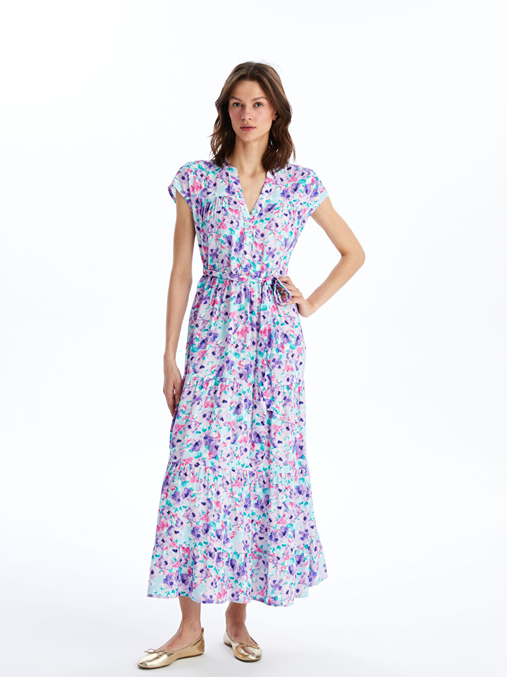 Notch Neck Patterned Short Sleeve Women's Dress-1