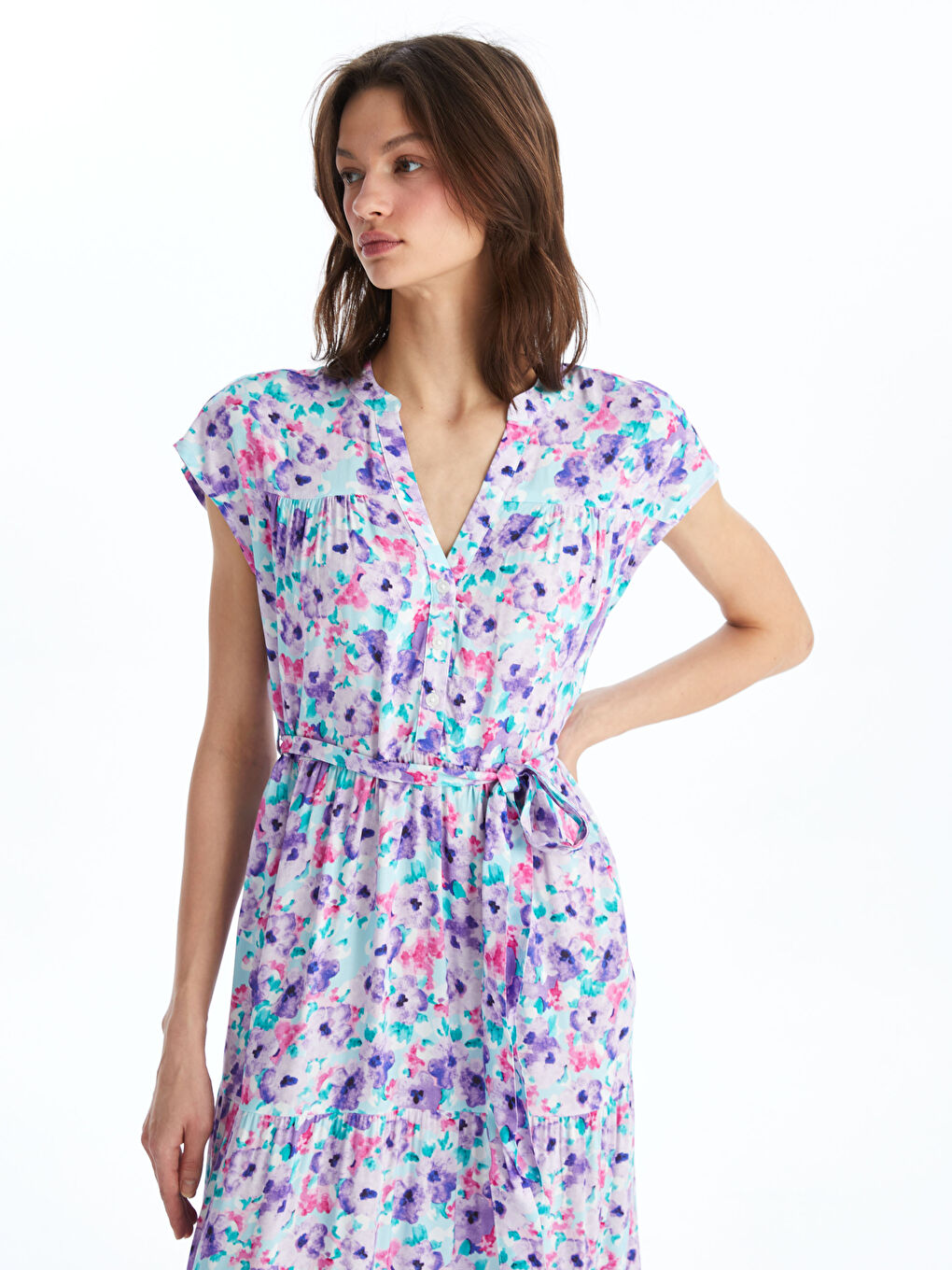 Notch Neck Patterned Short Sleeve Women's Dress-2