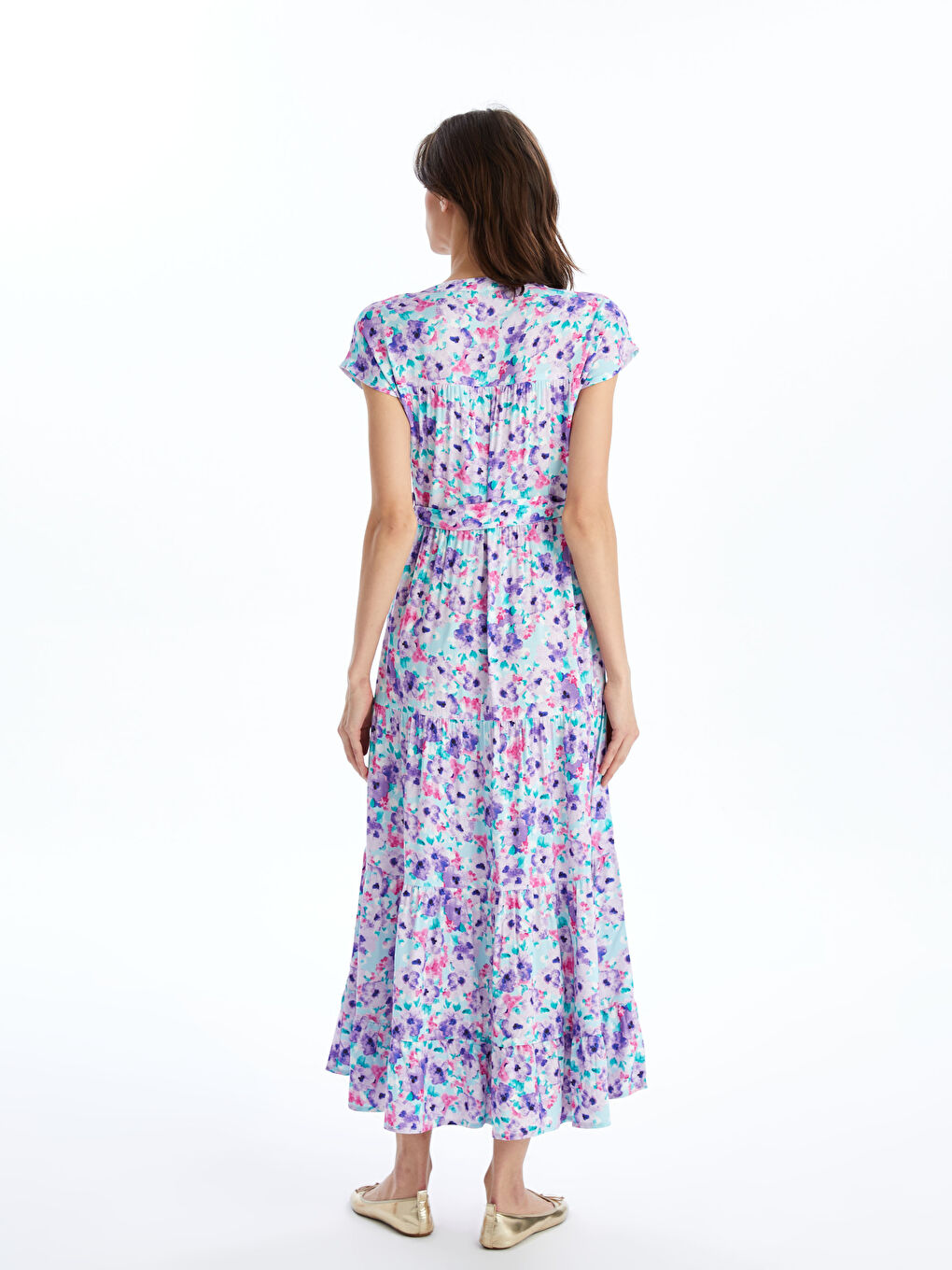 Notch Neck Patterned Short Sleeve Women's Dress-4