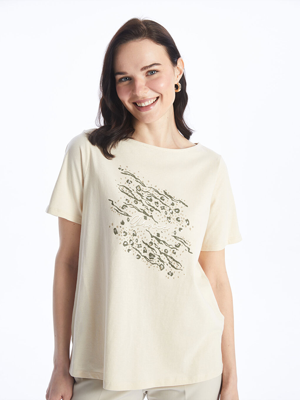 әйелдерге арналған принтті дөңгелек жағалы қысқа жең футболка-1