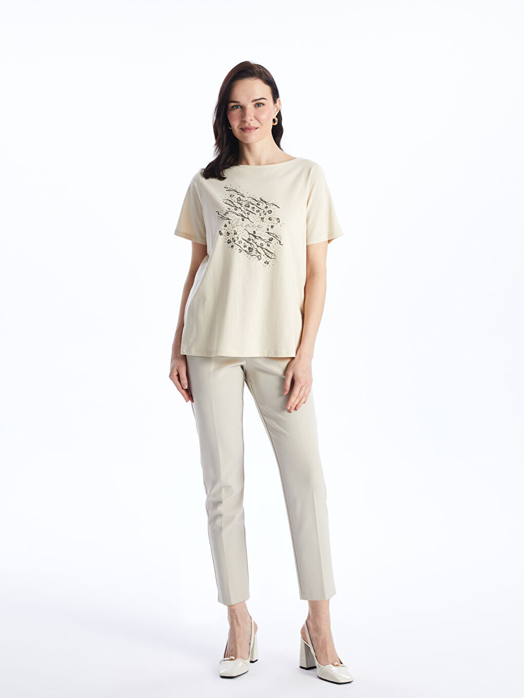 әйелдерге арналған принтті дөңгелек жағалы қысқа жең футболка-2