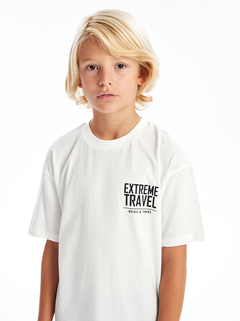 LCW Kids Ekru Oversize Bisiklet Yaka Erkek Çocuk Tişört - 1