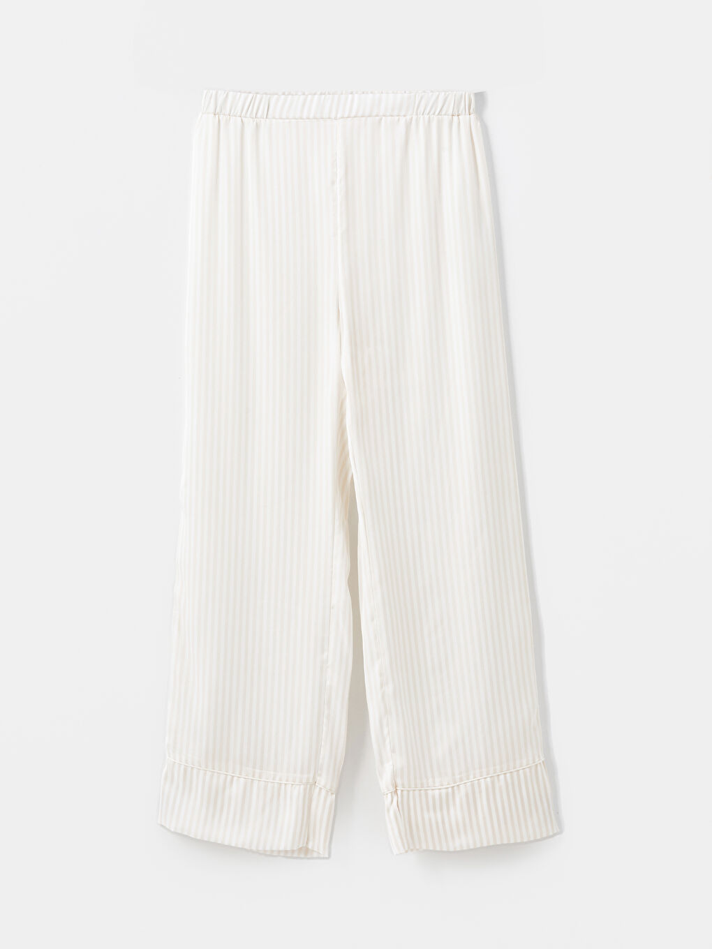 Ekru Beli Lastikli Çizgili Saten Kadın Pijama Altı