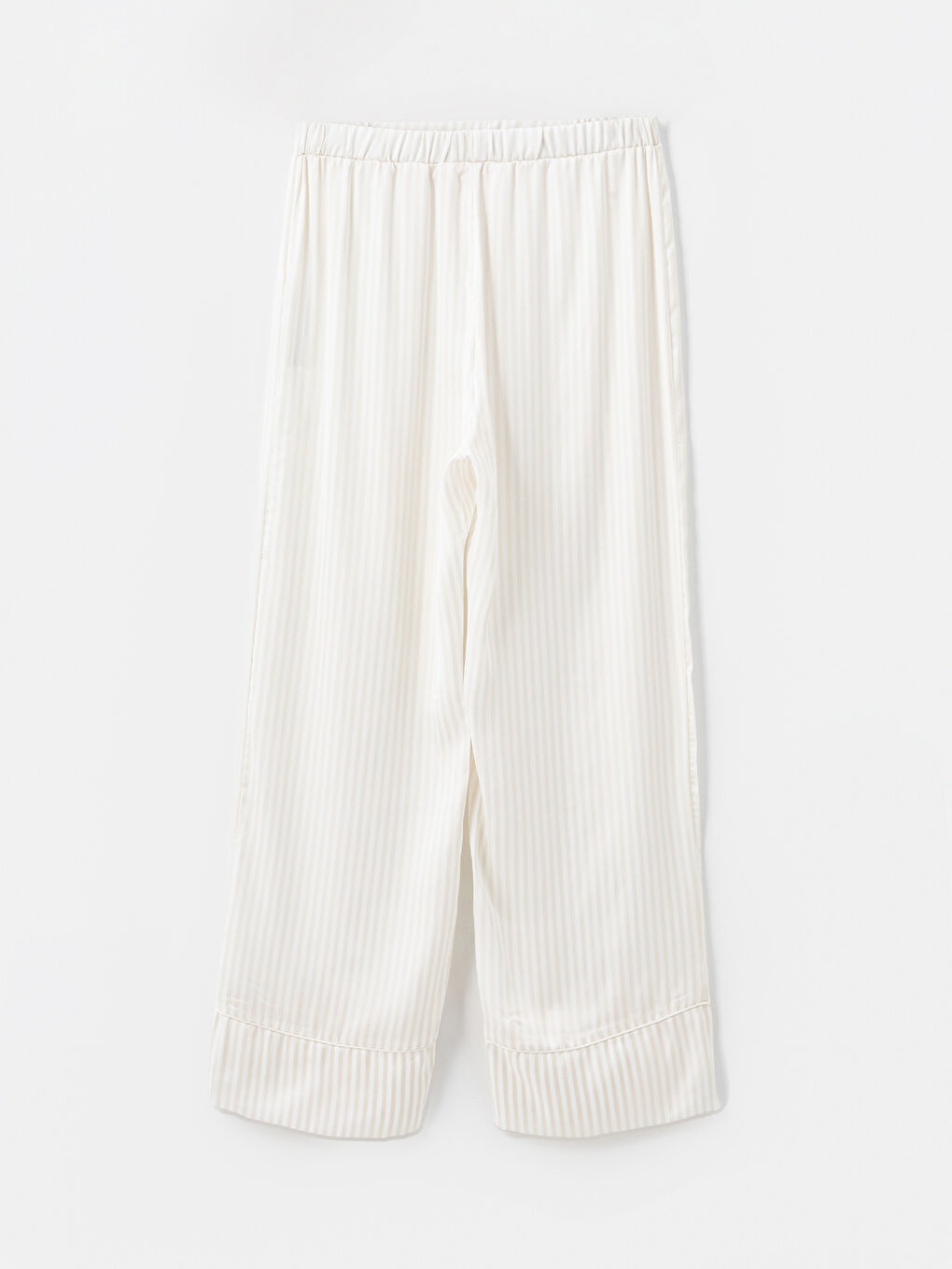 Ekru Beli Lastikli Çizgili Saten Kadın Pijama Altı-1