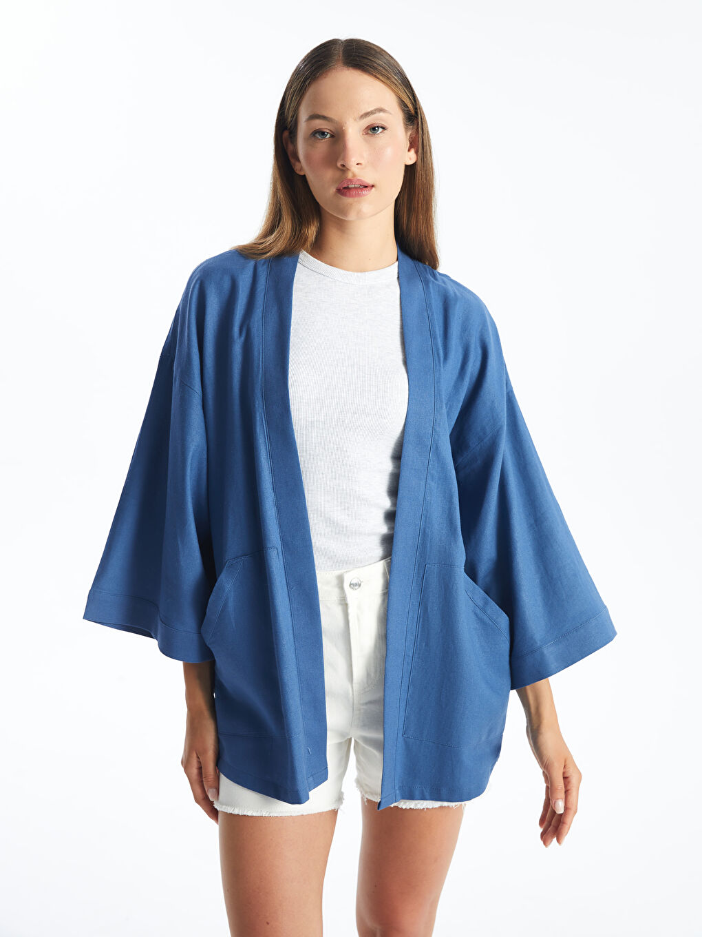LCW Vision Şal Yaka Oversize Keten Karışımlı Kadın Kimono -S4GJ58Z8-H7X