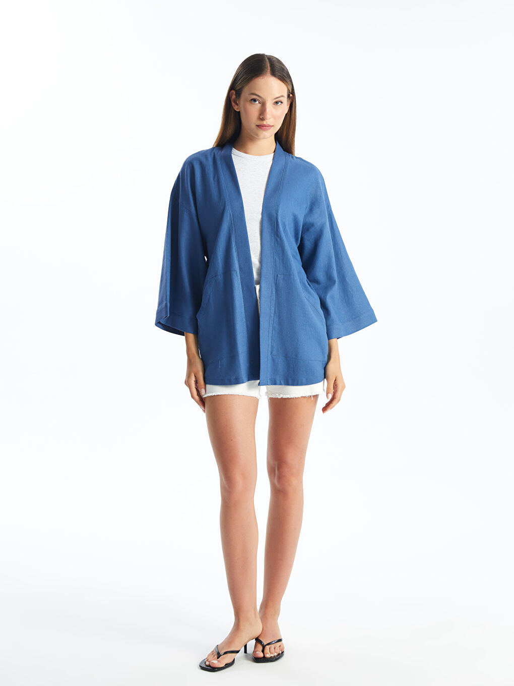 LCW Vision Şal Yaka Oversize Keten Karışımlı Kadın Kimono -S4GJ58Z8-H7X