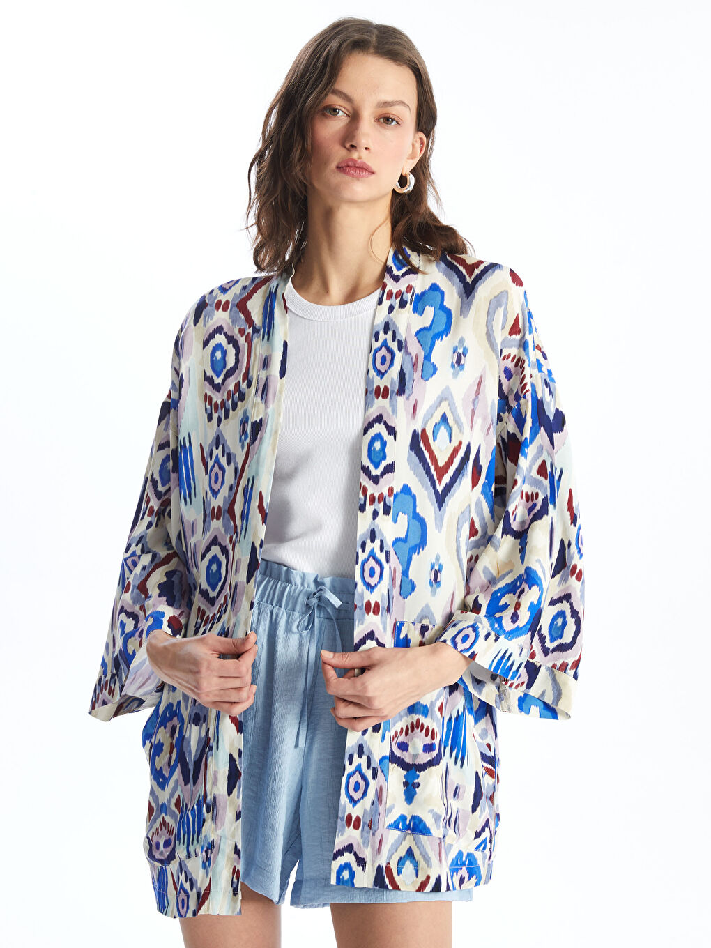 Shawl Collar Patterned Oversize Linen-Look Women's Kimono -S4GJ59Z8-LT4