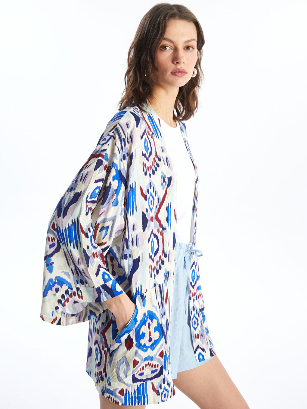 Shawl Collar Patterned Oversize Linen-Look Women's Kimono -S4GJ59Z8-LT4