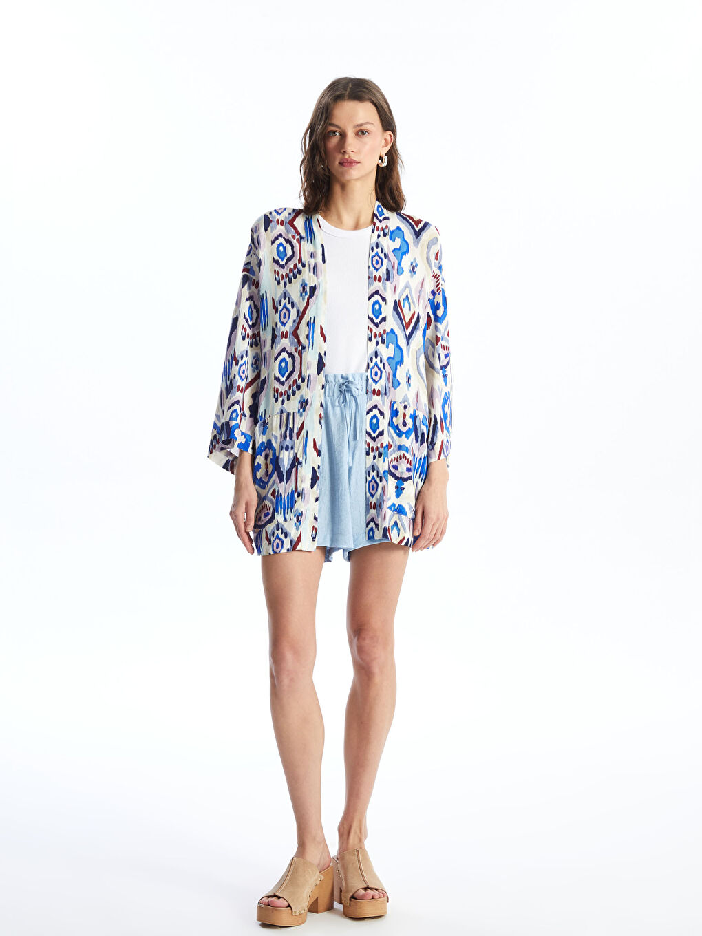 Shawl Collar Patterned Oversize Linen-Look Women's Kimono -S4GJ59Z8-LT4
