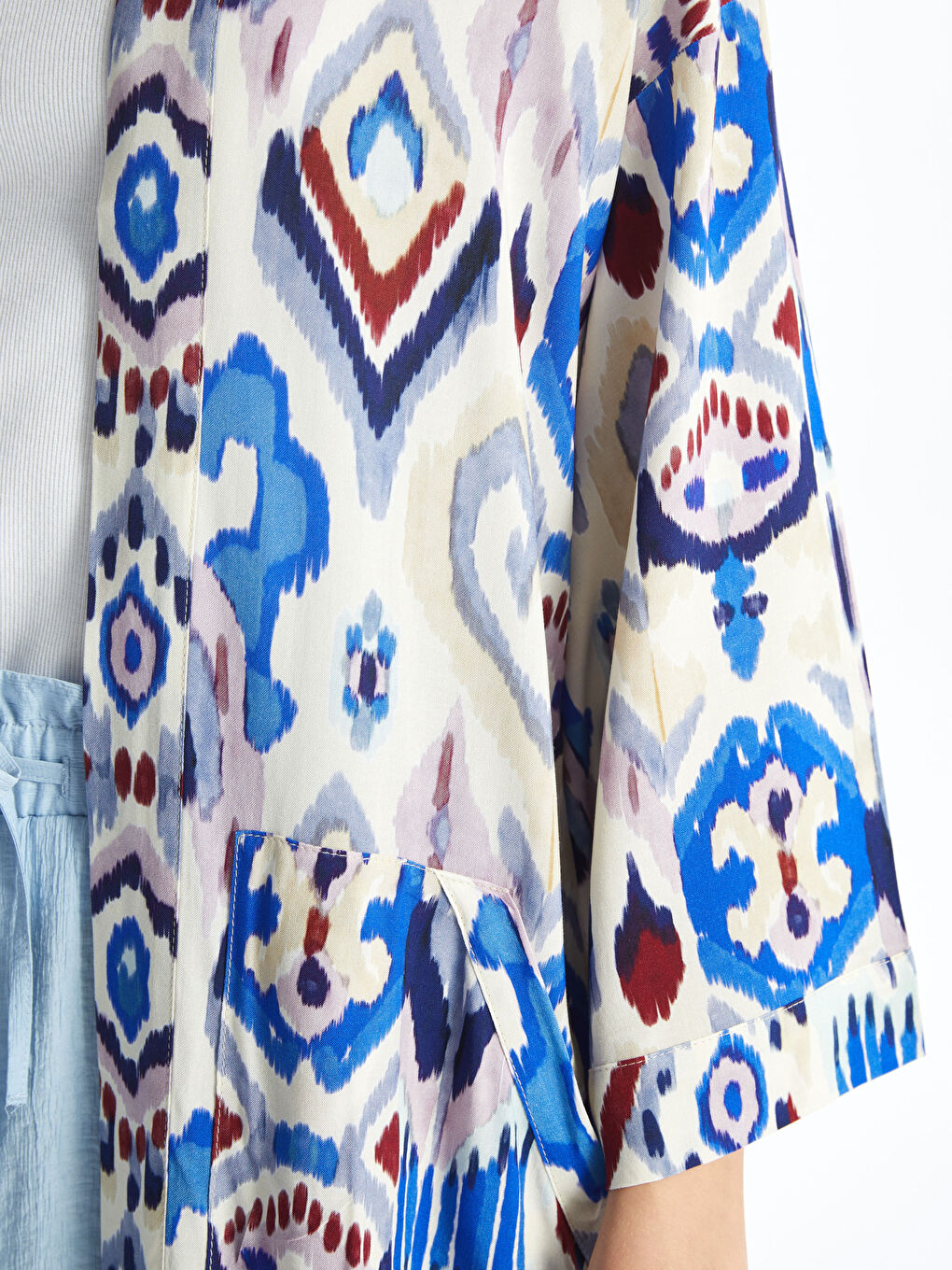 Shawl Collar Patterned Oversize Linen-Look Women's Kimono -S4GJ59Z8-LT4