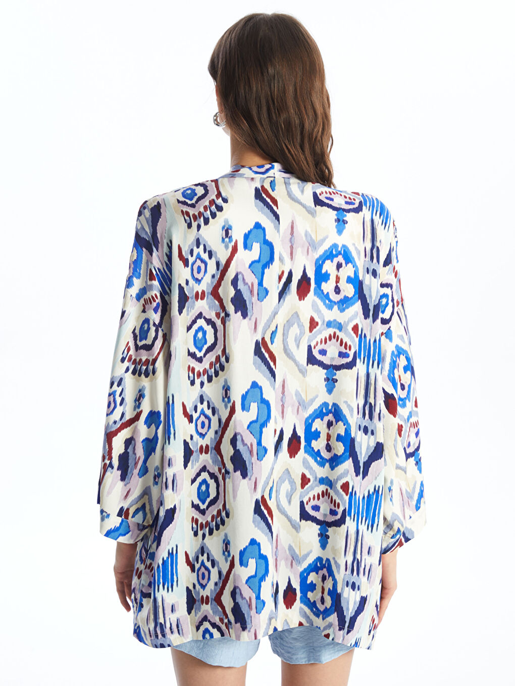 Shawl Collar Patterned Oversize Linen-Look Women's Kimono -S4GJ59Z8-LT4