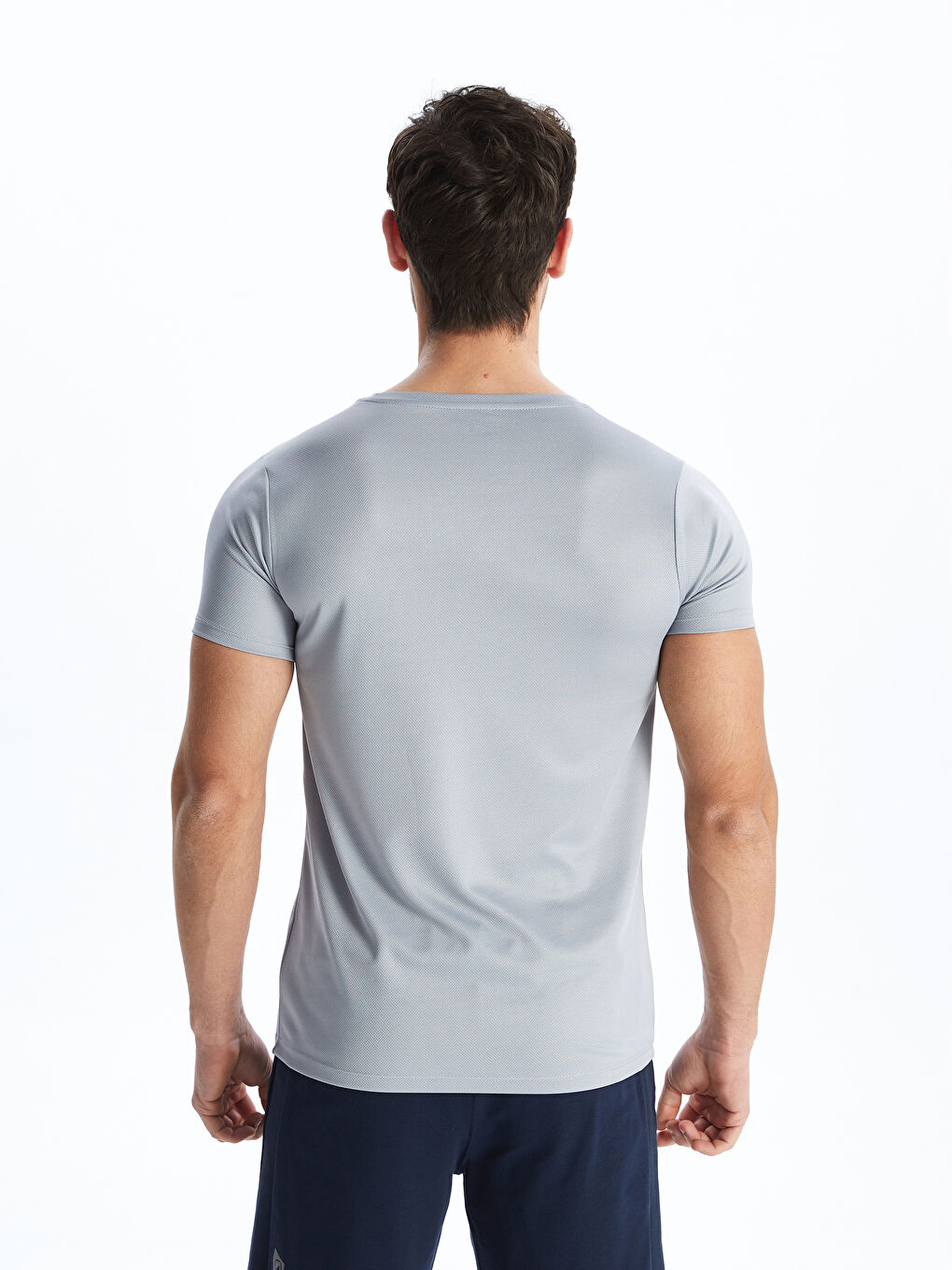 Gri Bisiklet Yaka Kısa Kollu Erkek Spor Dokulu Tişört-4