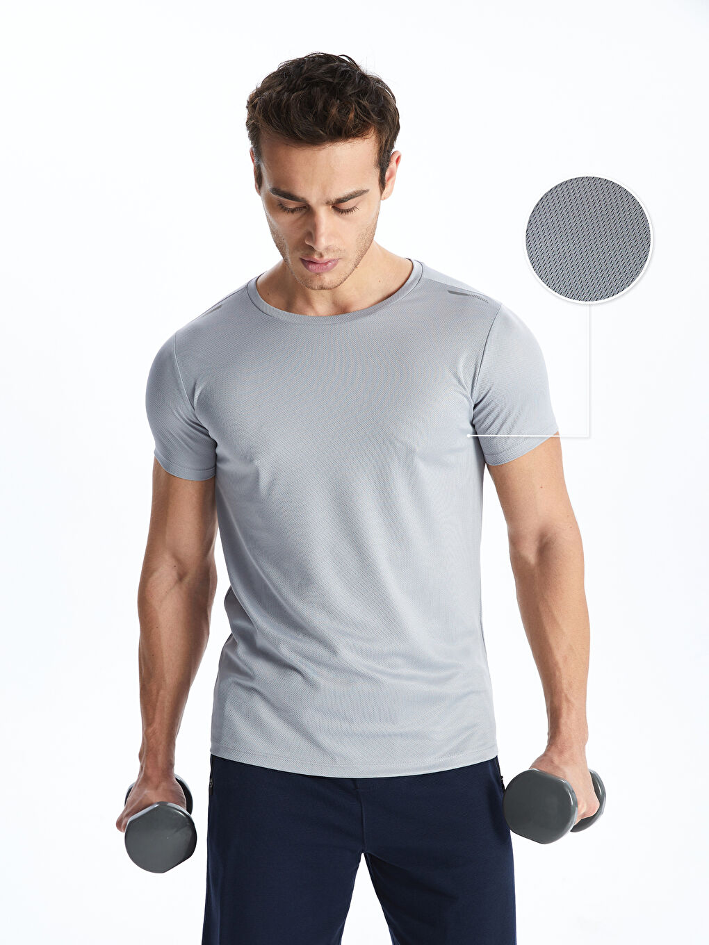 Gri Bisiklet Yaka Kısa Kollu Erkek Spor Dokulu Tişört