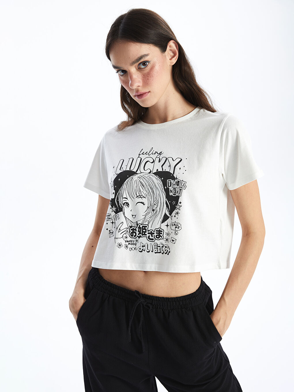 XSIDE Crew Neck Printed Short Sleeve Women's Crop Top -S4GJ86Z8-R9J