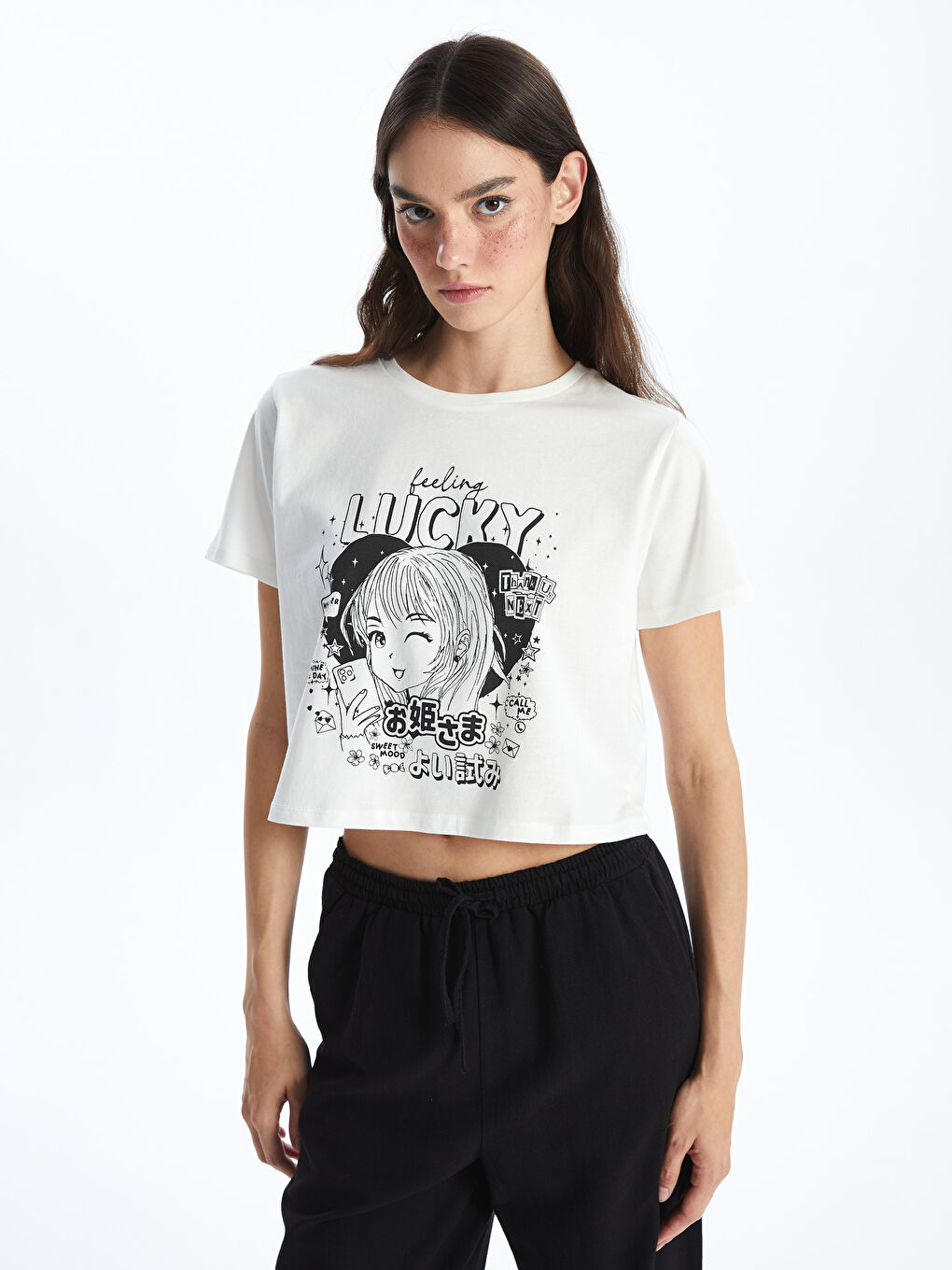 XSIDE Crew Neck Printed Short Sleeve Women's Crop Top -S4GJ86Z8-R9J