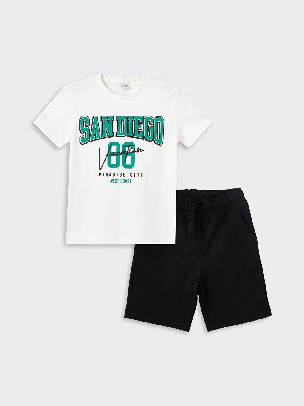 Ekru Bisiklet Yaka Baskılı Kısa Kollu Erkek Çocuk Tişört ve Şort