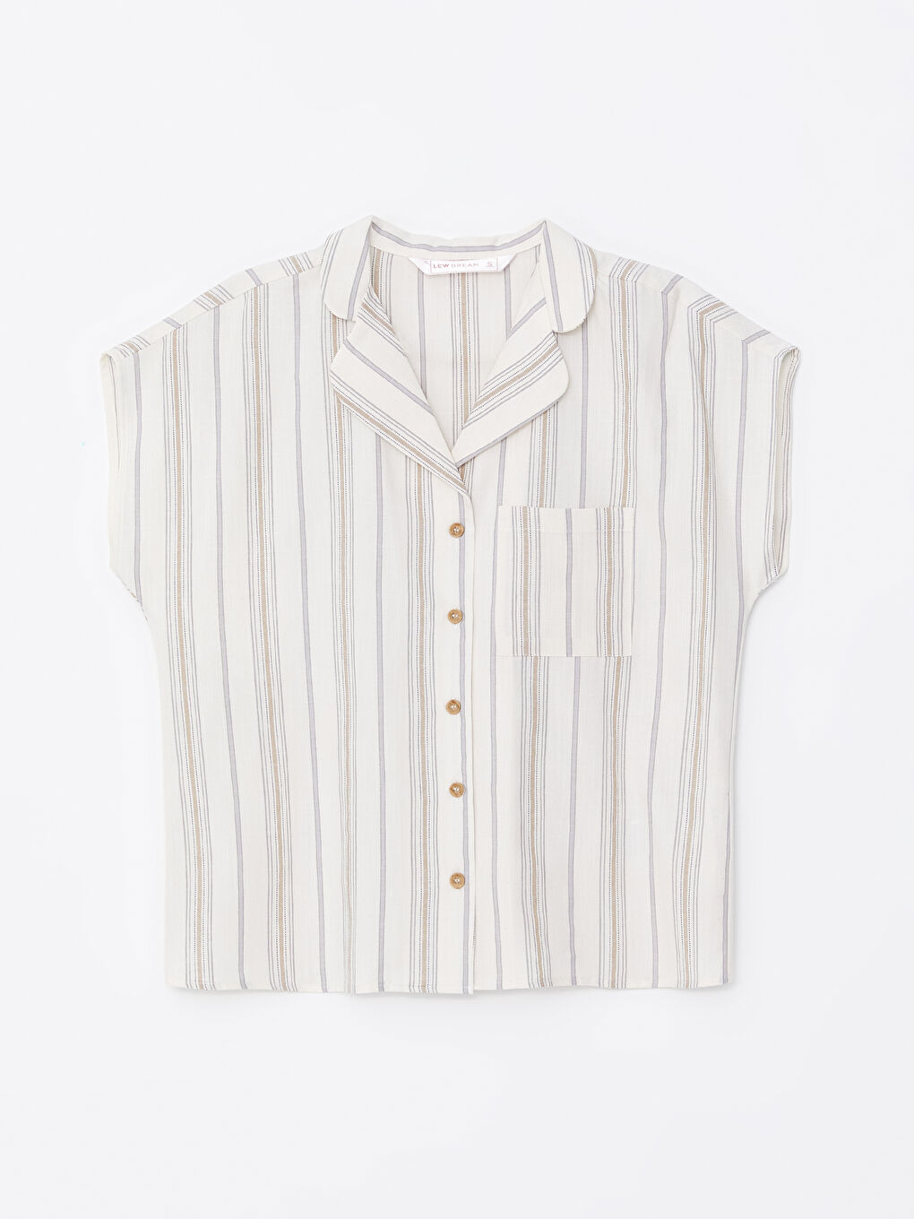 Ekru Çizgili Keten Karışımlı Kadın Pijama Üstü