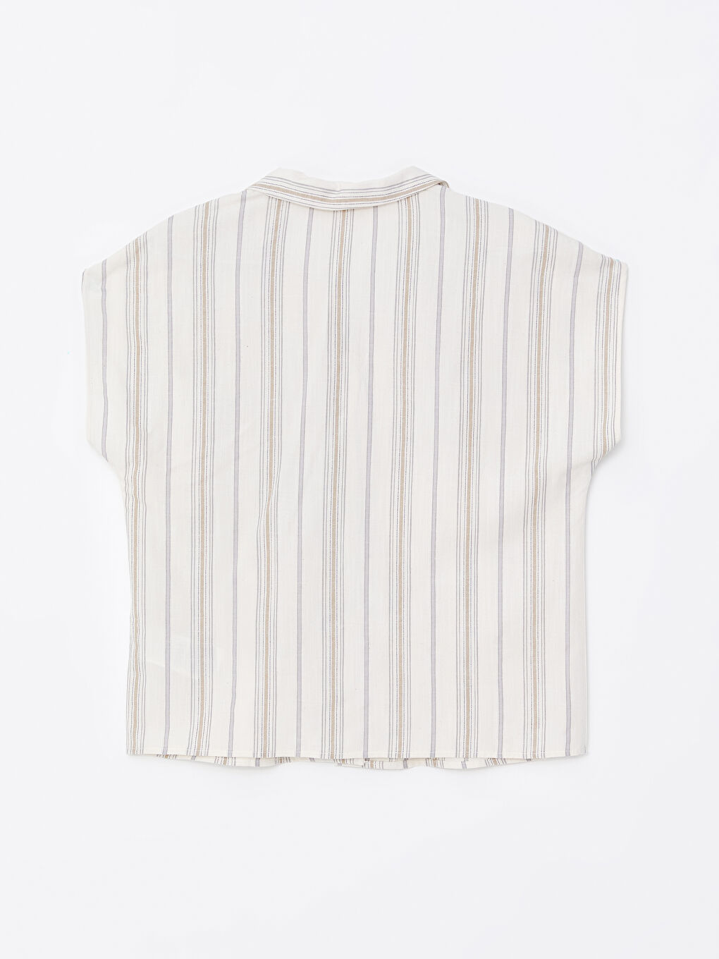 Ekru Çizgili Keten Karışımlı Kadın Pijama Üstü-1