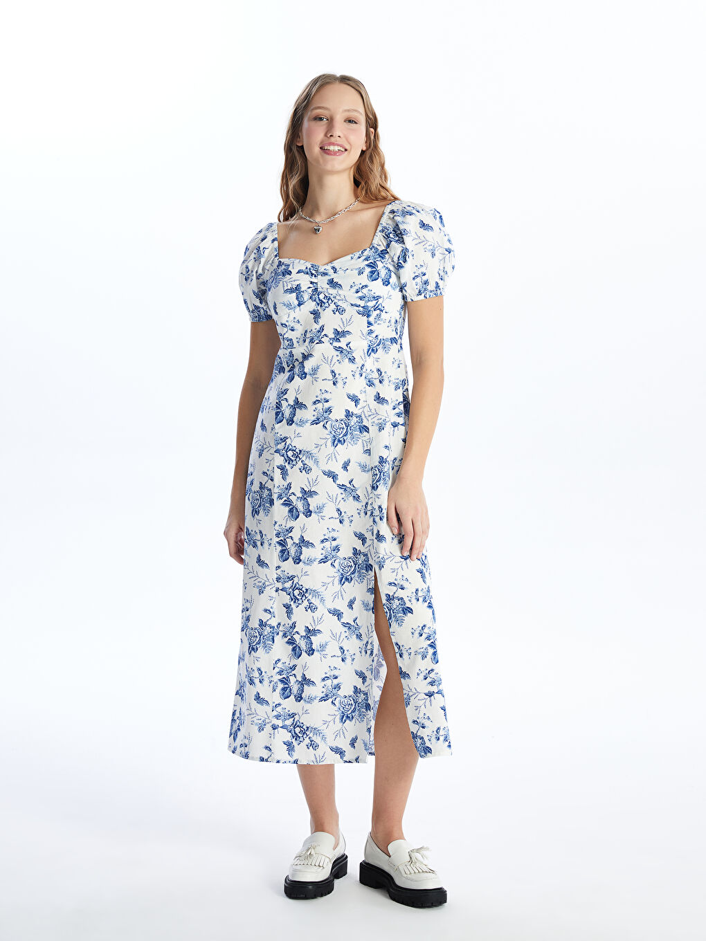 LCW Vision Square Collar Floral Short Sleeve Linen Blend Women's Dress -S4GL26Z8-LRA