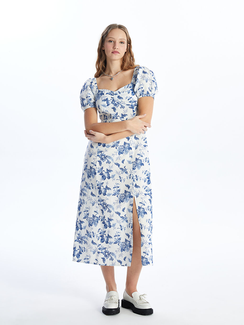 LCW Vision Square Collar Floral Short Sleeve Linen Blend Women's Dress -S4GL26Z8-LRA