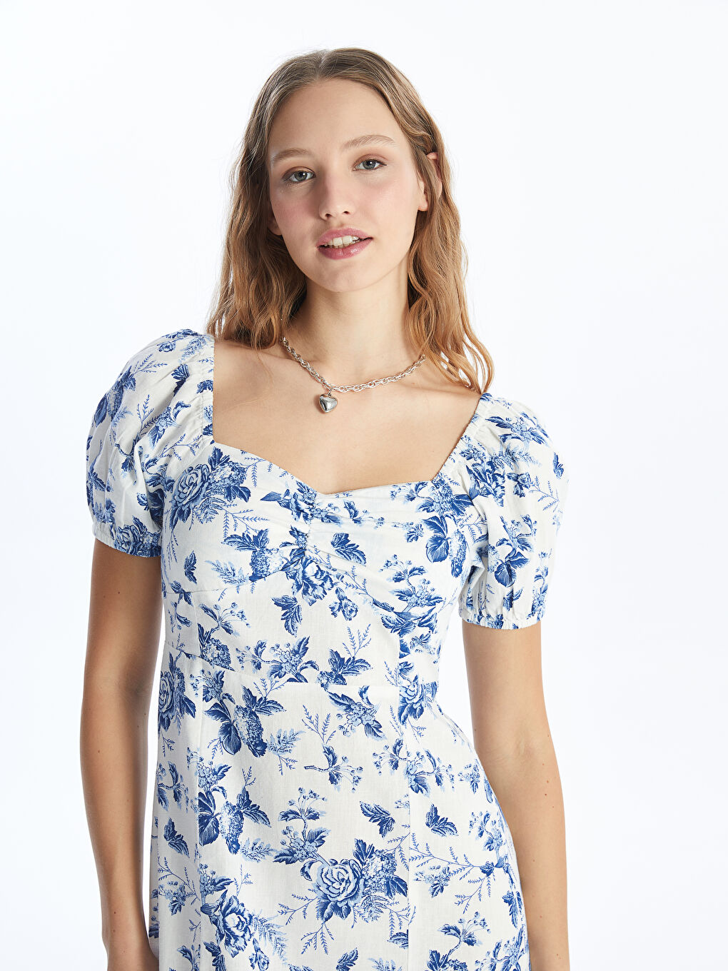 LCW Vision Square Collar Floral Short Sleeve Linen Blend Women's Dress -S4GL26Z8-LRA