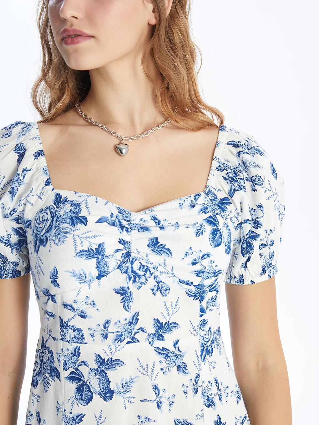 LCW Vision Square Collar Floral Short Sleeve Linen Blend Women's Dress -S4GL26Z8-LRA