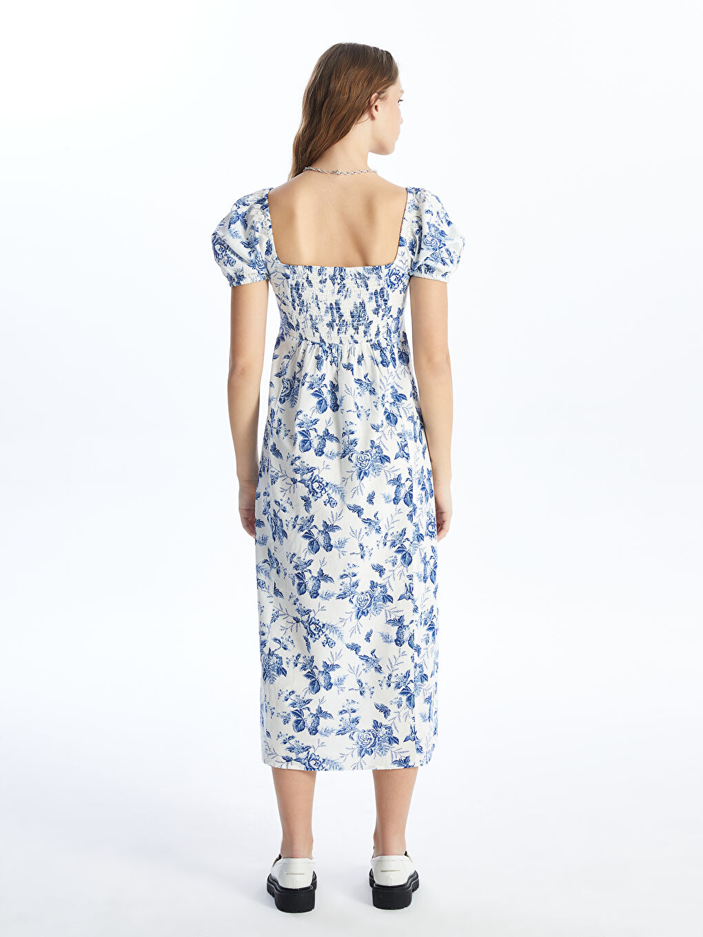 LCW Vision Square Collar Floral Short Sleeve Linen Blend Women's Dress -S4GL26Z8-LRA
