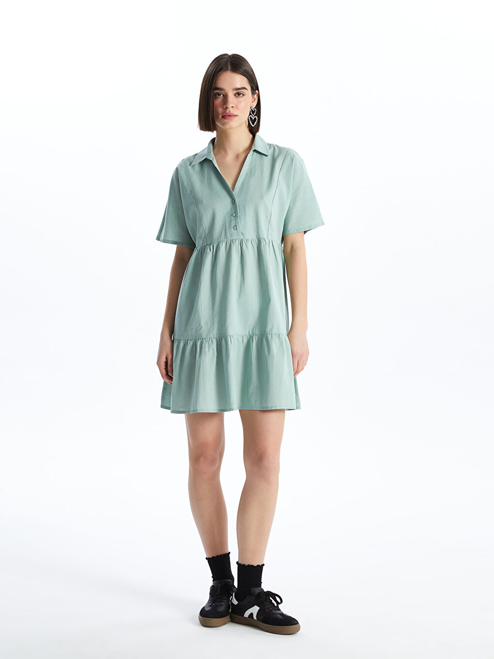 Платье из льняной смеси с отложным воротником, однотонное, с коротким рукавом для женщин