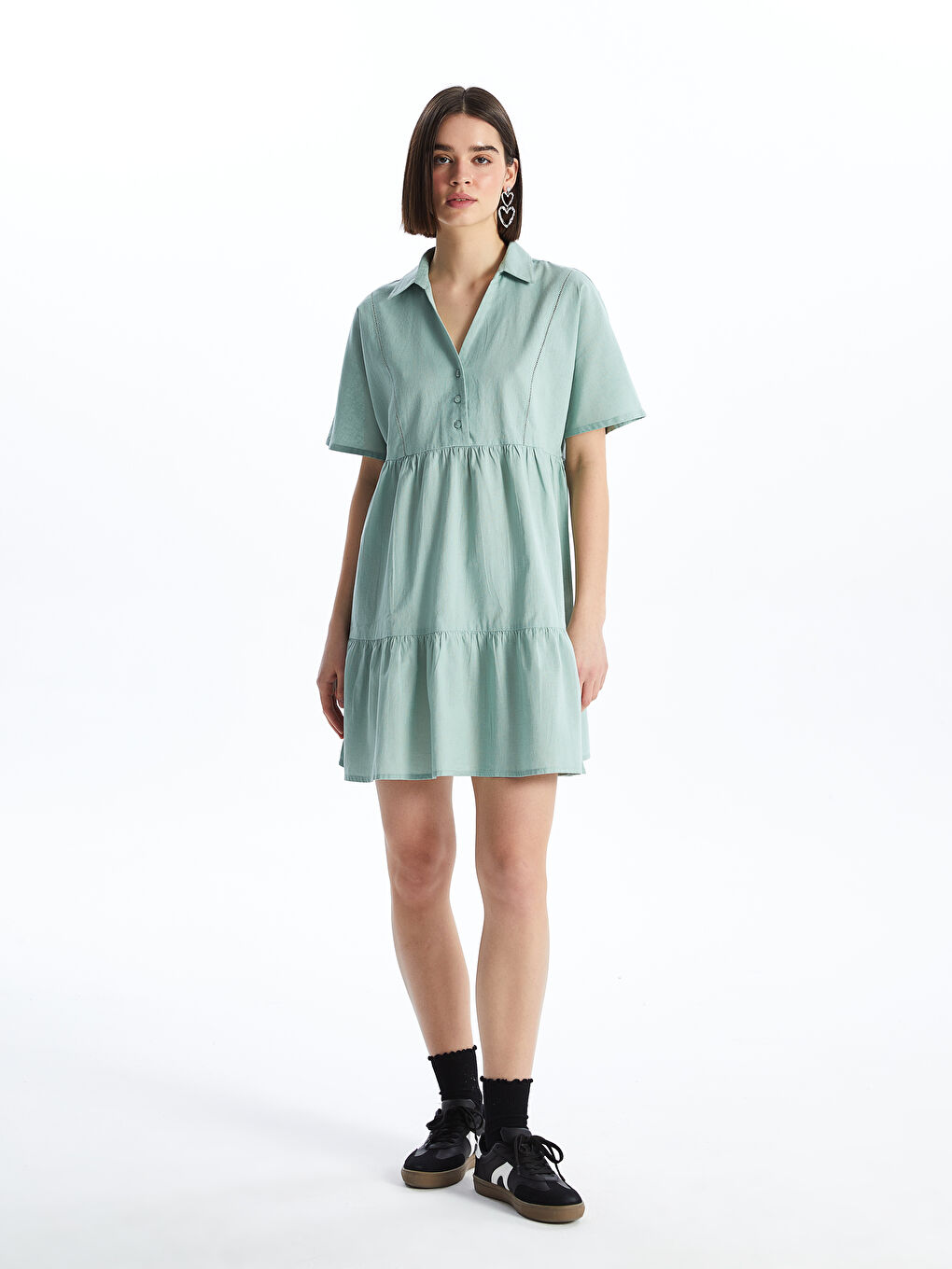 Платье из льняной смеси с отложным воротником, однотонное, с коротким рукавом для женщин-1