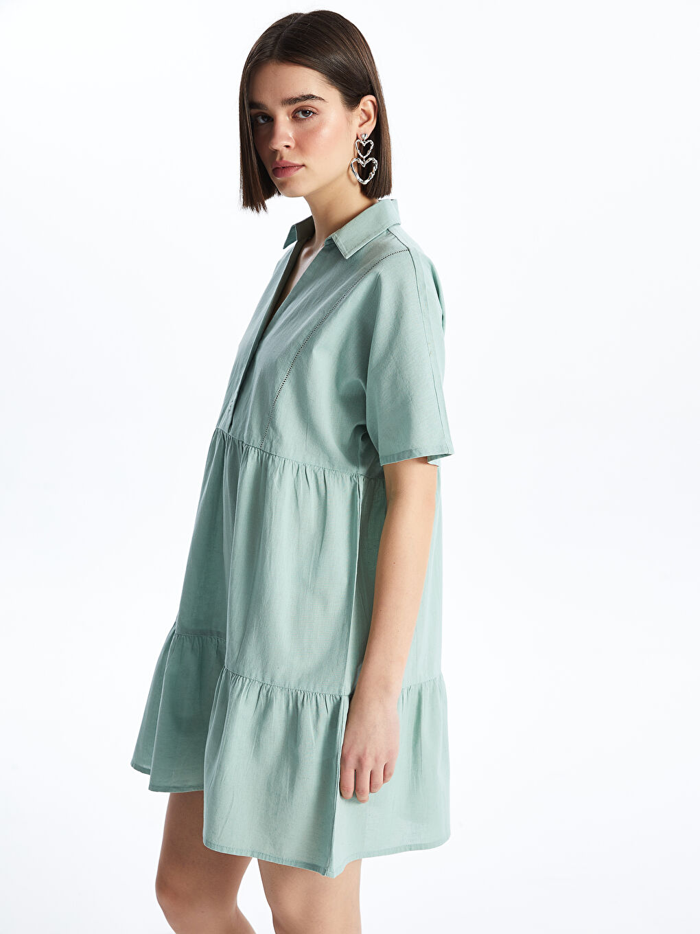 Платье из льняной смеси с отложным воротником, однотонное, с коротким рукавом для женщин-2